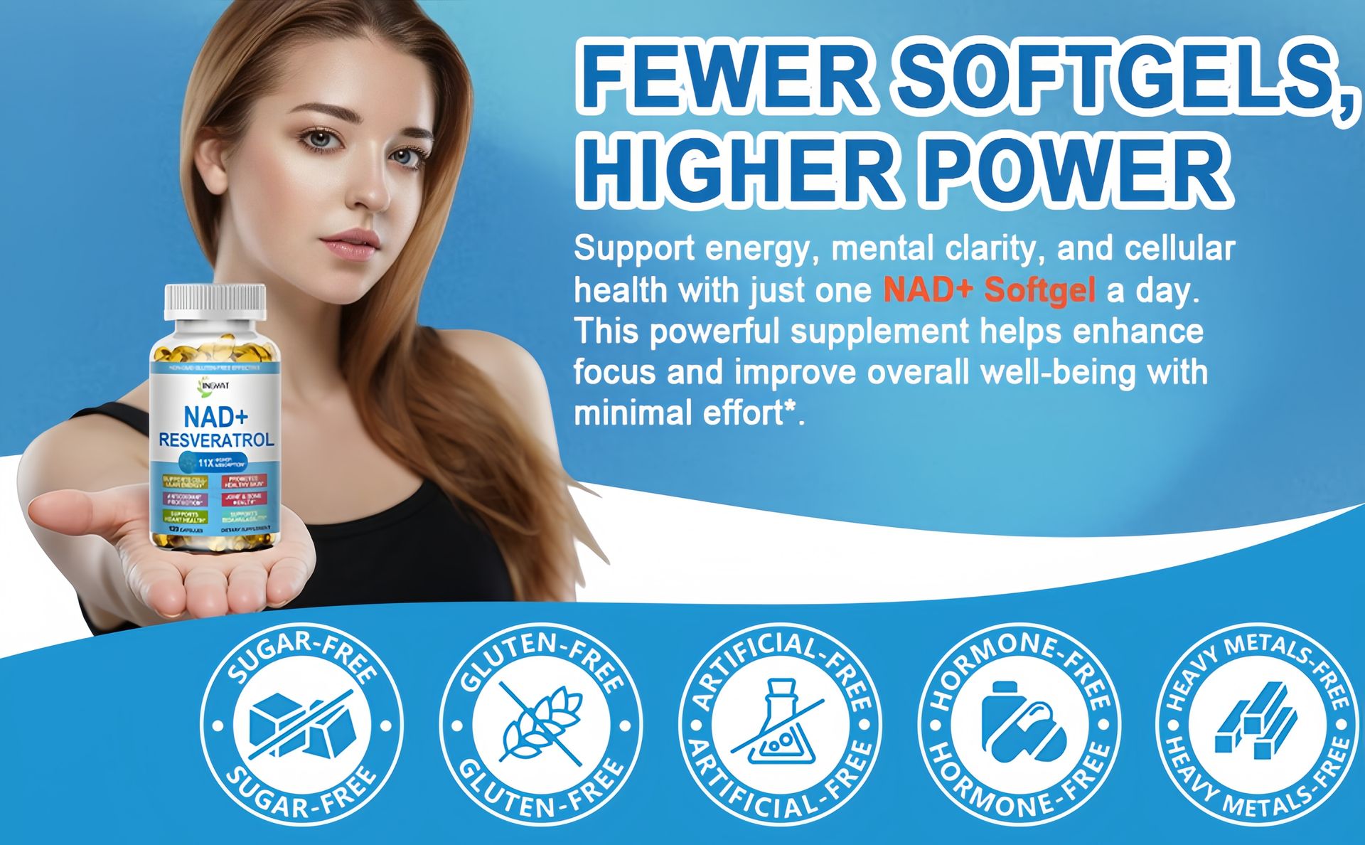11-in-1 NAD Supplement with Resveratrol, CoQ10, Quercetin, Collagen, Grape Seed for Cellular Energy, Mental Focus & Antioxidant Support - NAD Supplement for Women & Men, 120 Soft Capsules