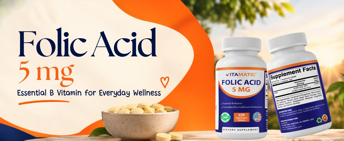 Vitamatic Folic Acid 5 mg (5,000 mcg), 120 Vegetarian Tablets | Vitamin B9