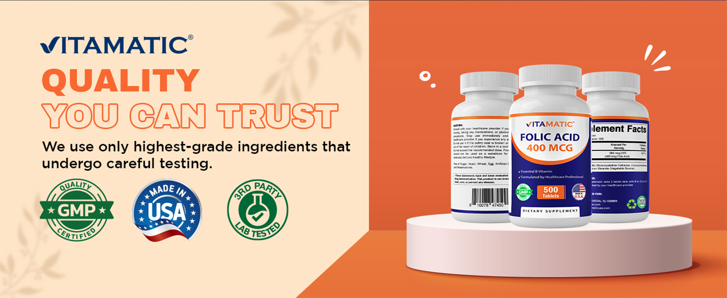 Vitamatic Folic Acid 400 mcg - 500 Vegetarian Tablets - Vitamin B9