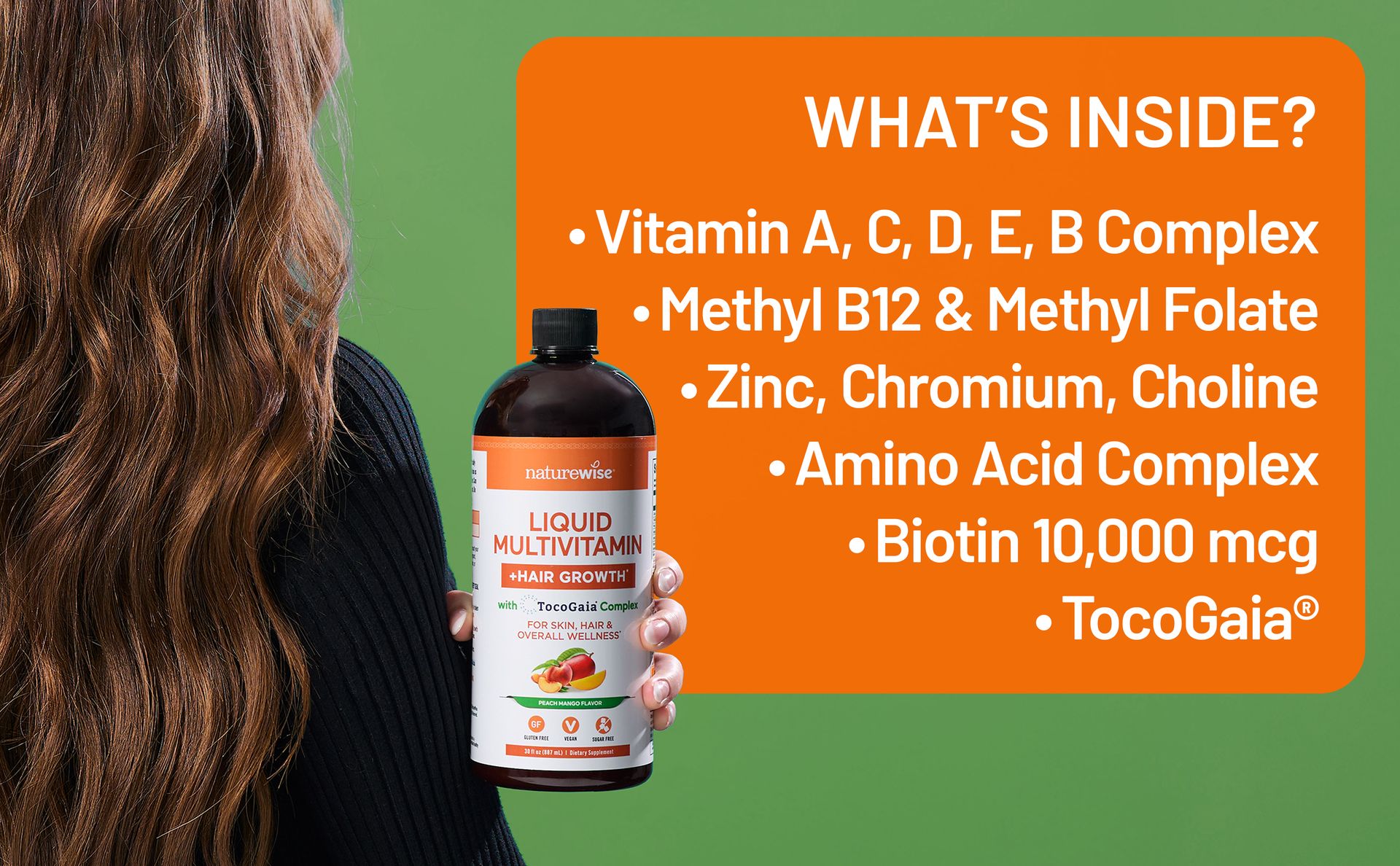 NatureWise Liquid Multivitamin Hair Growth for Women & Men + Tocogaia® for Hair Growth & Skin Elasticity Support + Biotin, Vitamin D, E, B - Sugar Free Multivitamin, Vegan - 30 fl oz[30 Servings]