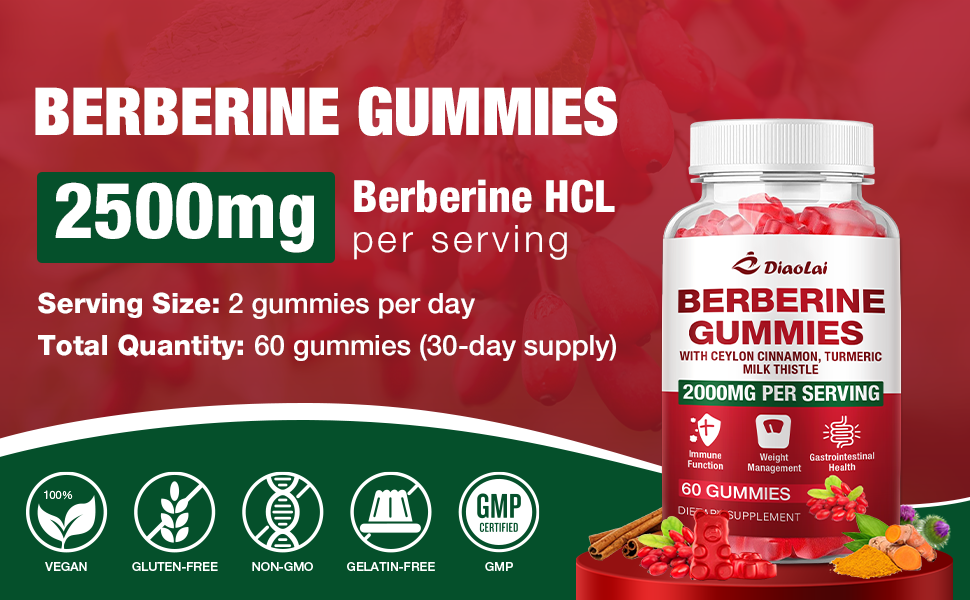 Berberine Gummies 2000mg - Natural Organic Berberine HCL Supplement - Vegan, Non-GMO, Gluten-Free - Delicious Raspberry Flavor - 120 Count