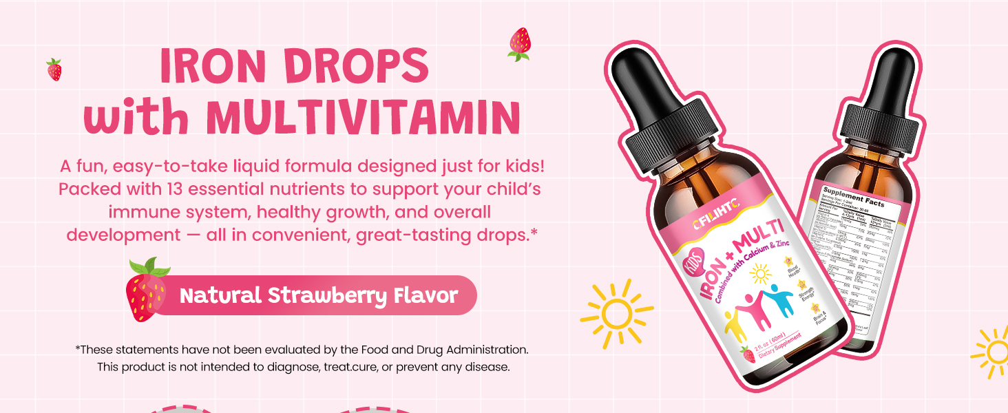 Liquid Iron Supplement for Kids, Women & Men - Kids Multivitamin with Iron Drops - Immune Support, Blood Builder & Energy Support for Iron Deficiency, Anemia - Strawberry Flavor, 4 Fl Oz