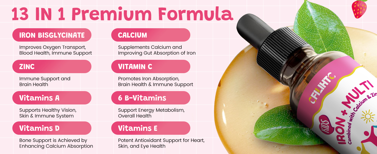 Liquid Iron Supplement for Kids, Women & Men - Kids Multivitamin with Iron Drops - Immune Support, Blood Builder & Energy Support for Iron Deficiency, Anemia - Strawberry Flavor, 4 Fl Oz