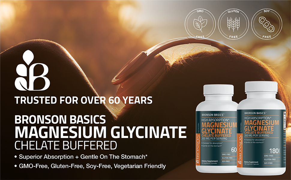 Bronson Magnesium Glycinate 200 mg Buffered, 60 Vegetarian Capsules