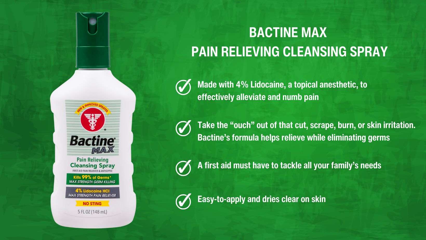 Bactine MAX First Aid Spray - Cleansing Spray with 4% Lidocaine - Relief for Minor Cuts, Burns & Bug Bites - 5oz, 4 Pack