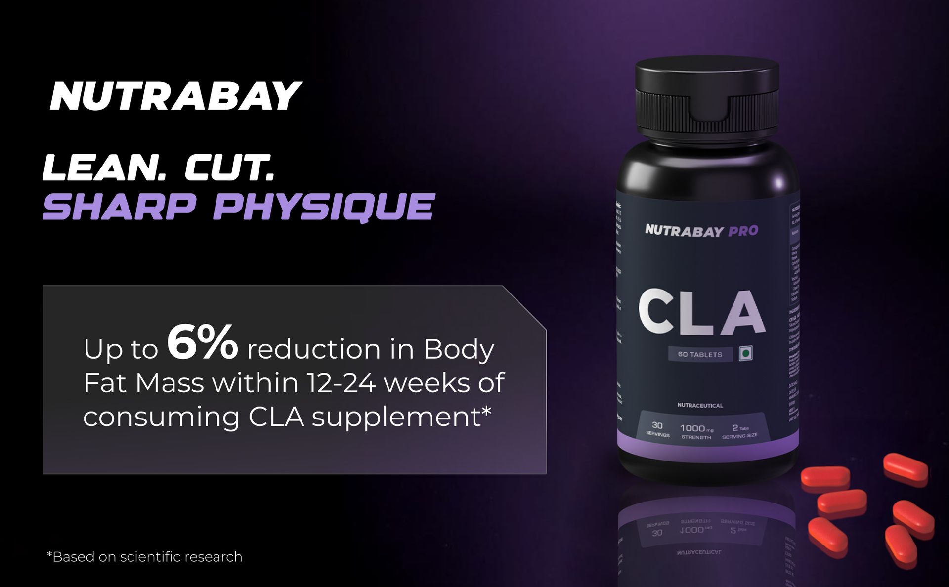 Nutrabay Pro CLA (Conjugated Linoleic Acid) | Fat Burner, Boosts Metabolism & Lean Muscle Build Supplement, 1000mg - 60 Veg Tablets