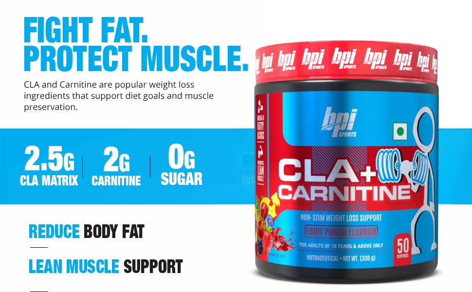 BPI Sports CLA + Carnitine – Conjugated Linoleic Acid – Performance, Lean Muscle – Caffeine Free – For Men & Women – 300 gms– 50 servings – Fruit Punch