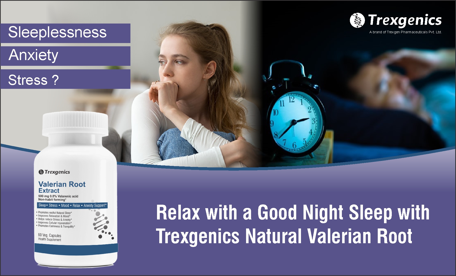 Trexgenics® VALERIAN Root 500mg Standardized (0.8% Valerenic acid) Sleep, Stress,Mood,Relax, Migraine, Anxiety Support (60 Veg capsules)