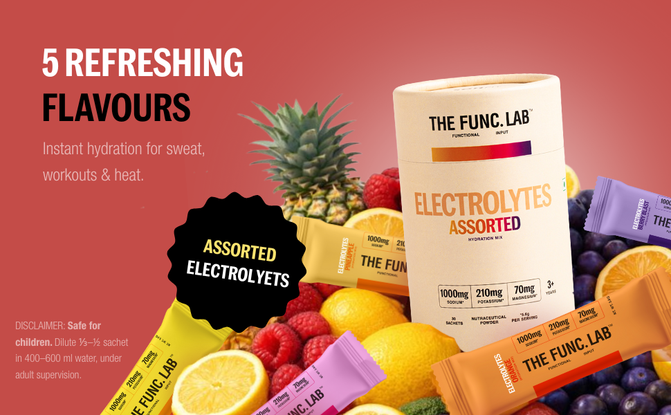The Func. Lab Daily Electrolytes - Assorted | 15 Sachets | Instant Hydration Powder with Sodium, Potassium, Magnesium | Sugar-Free, No Preservatives | Instant Energy, Performance & Recovery Drink
