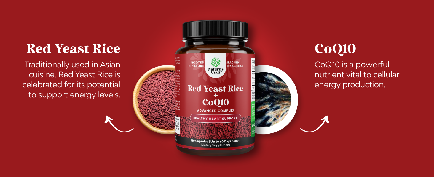 Red Yeast Rice with CoQ10 Supplement - Healthy Heart Support - 120 Ct