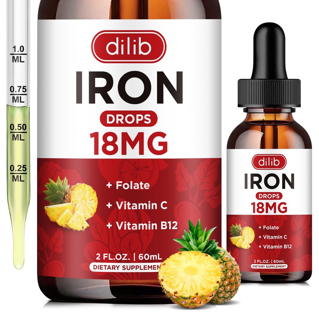 Suplemento de hierro líquido para mujeres &amp; hombres gotas de hierro Suplementos de hierro para la anemia con folato, vitamina C, B12 para la célula de sangre roja Apoyo a la piel, 2 Fl Oz