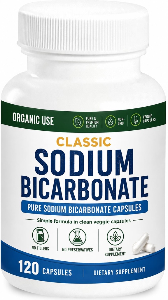 Bicarbonato de sodio clásico 650mg Uso orgánico natural Píldoras de bicarbonato de sodio Tablas de bicarbonato de sodio (caps) Alcalinidad ácido de estómago 120caps