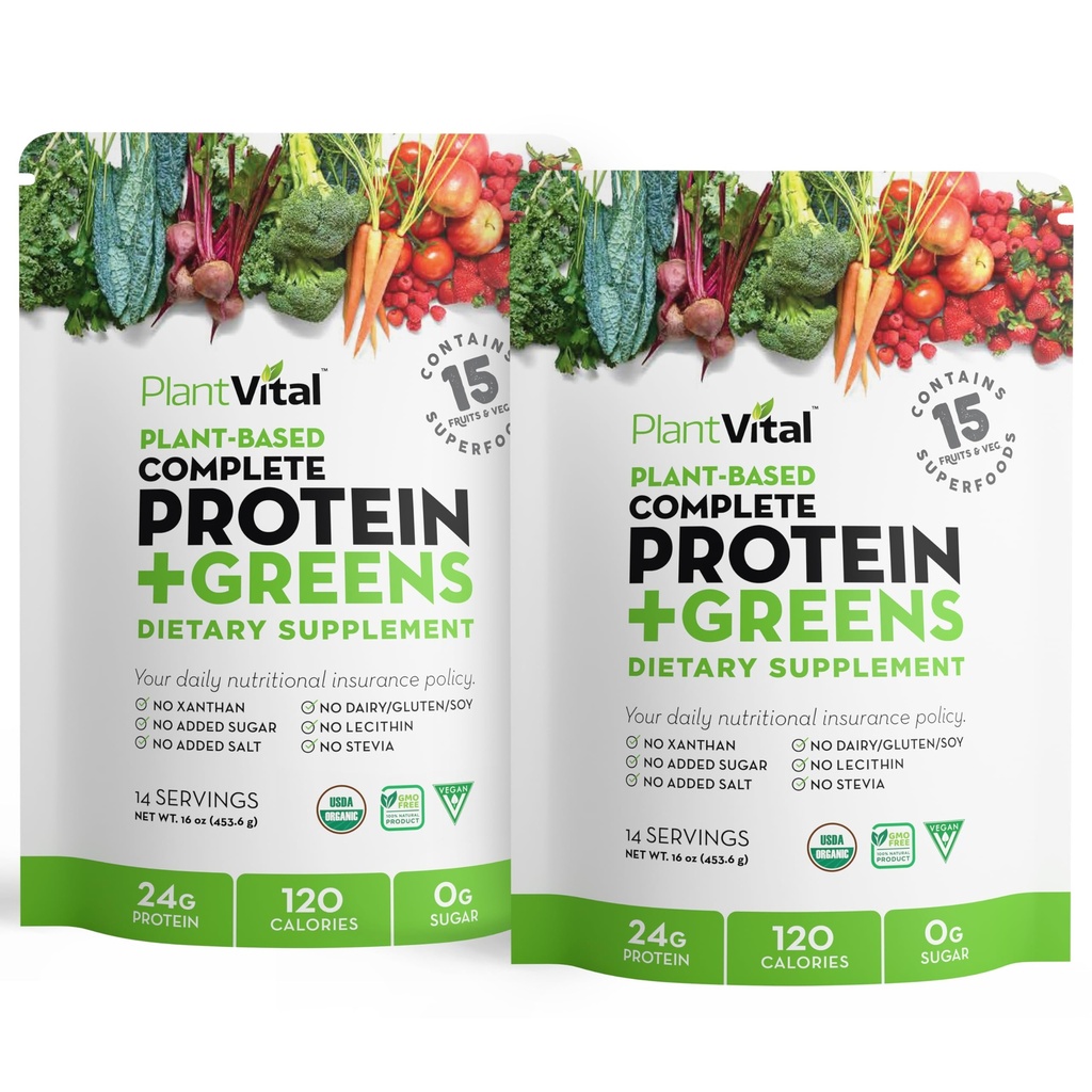 Polvo de proteína orgánica vegetal desarmado - 15 Superalimentos, verduras y probióticos - Polvo de proteína orgánica de base vegetal - Todos los BCAA, Gluten Free - 16oz (Pack of 2)