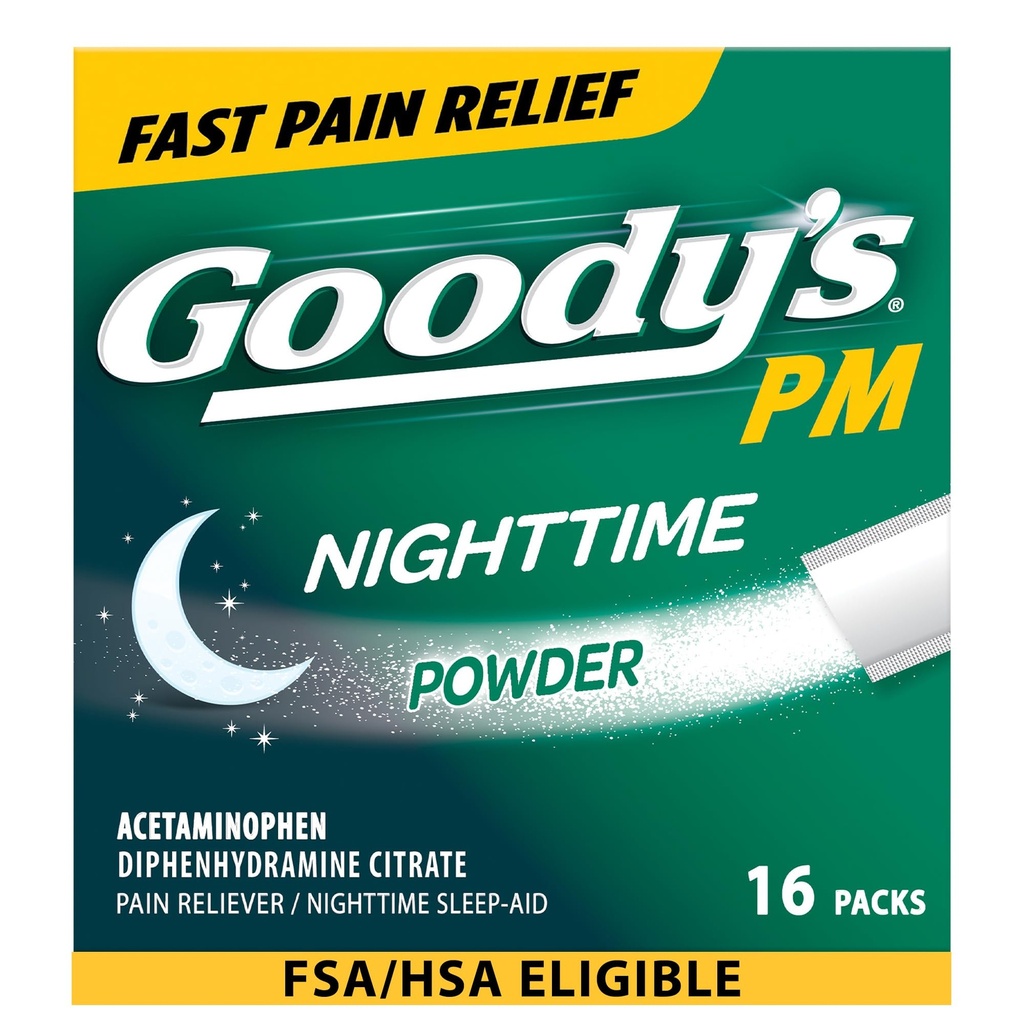 Goody's Nighttime Powder, Doin Reliever " Sleep Aid with Acetaminophen " Diphenhydramine Citrate, Caffeine Free, 16 Count