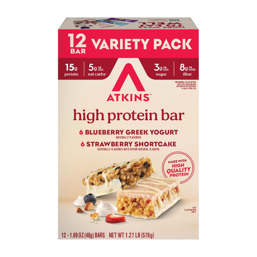 Atkins Blueberry Griego Yogurt & Strawberry Shortcake High Protein Bar, Alto Fiber, Keto Friendly, 12 Cuenta (6 Bares Cada Sabor)