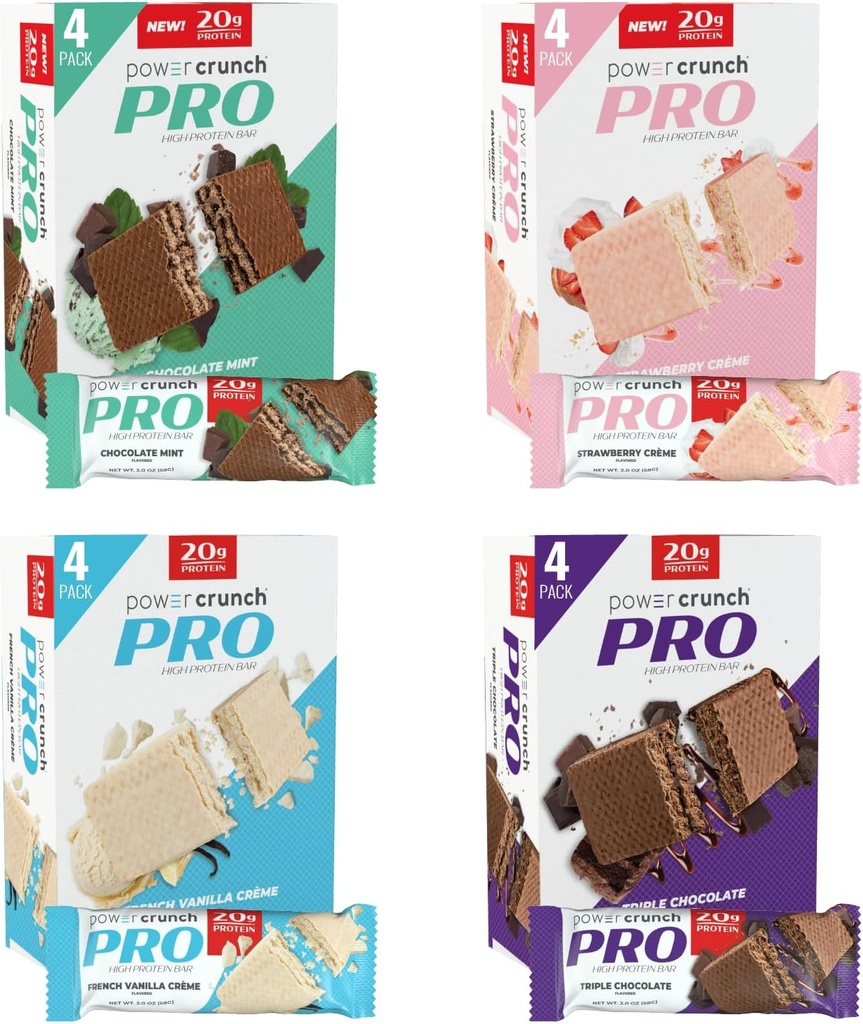 Power Crunch PRO Protein Wafer Bares, Variety Pack, en 4 Flavors 2.0 Ounce Bars (16 Conde). High Protein