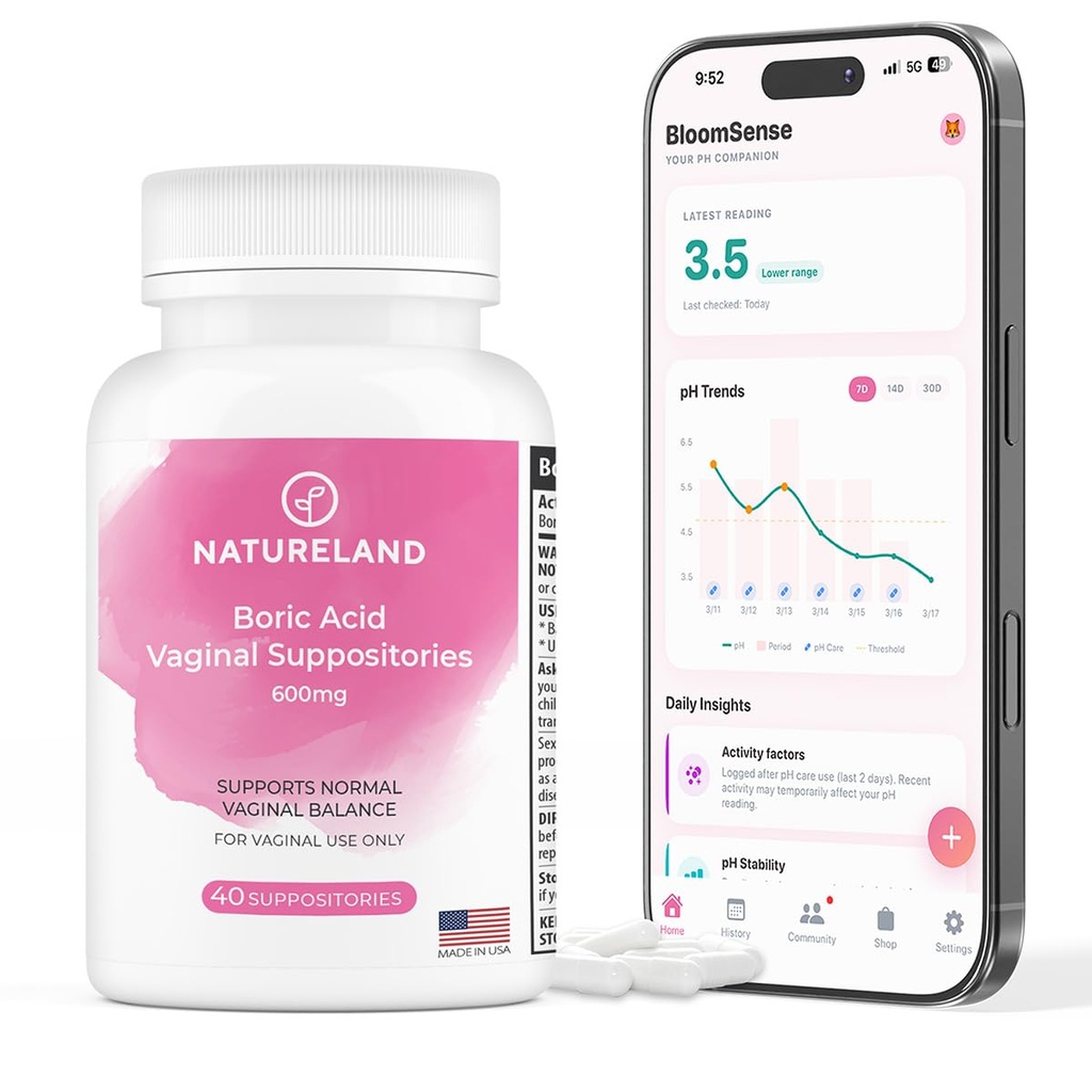 Natureland 40 cuenta, 600mg Boric Acid Vaginal Suppositories, Hecho en EE.UU., Restaurar el equilibrio pH y reducir la sequedad, los olores, la picazón y la descarga, Apoyo Salud íntima (40 cuenta (Pack de 1))