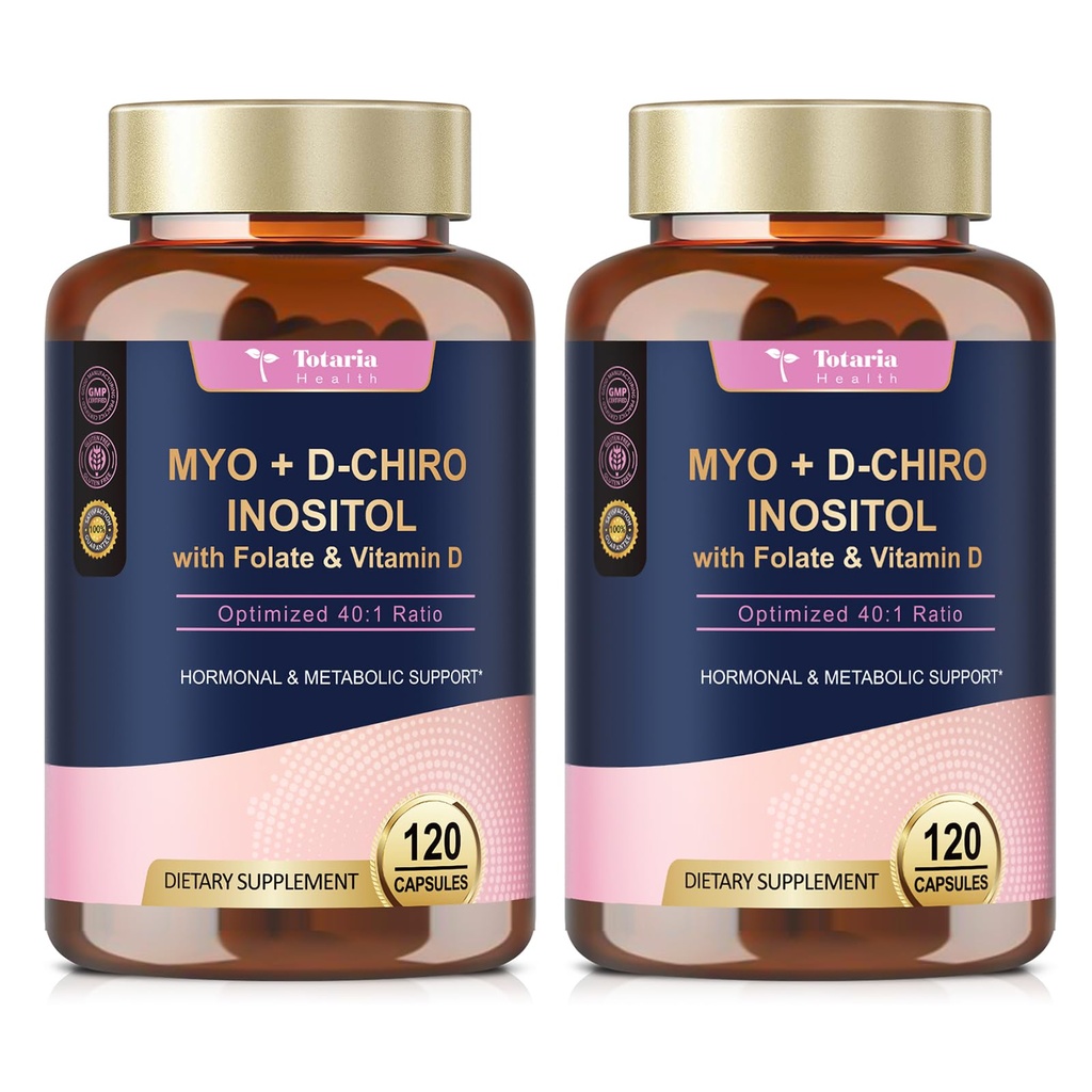 Totaria Inositol Suplemento para Mujeres con Vitamina D3, Folate, 40:1 Ratio Myo-Inositol &amp; D-Chiro Complejo Inositol, (Vitamin B8) Inositol Capsules, Pack de 2