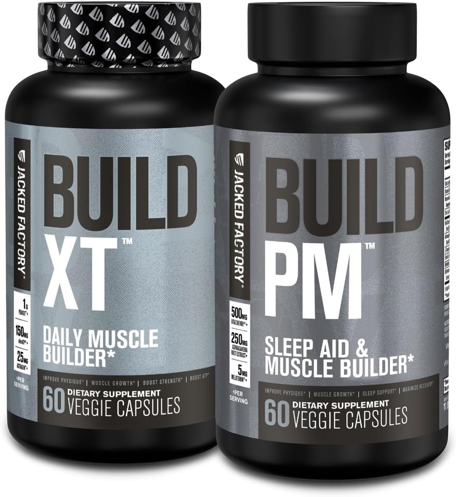 Fábrica Jacked AM &amp; PM Muscle Building Supplement Stack - Build-XT Muscle Builder &amp; Build PM Night Time Muscle Growth &amp; Sleep Aid