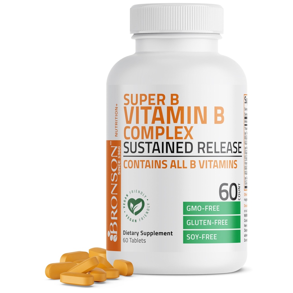 Bronson Super B Complejo de vitamina B Sujeto Slow Release (Vitamin B1, B2, B3, B6, B9 - ácido fólico, B12) Contiene Todas las vitaminas B 60 Tablets