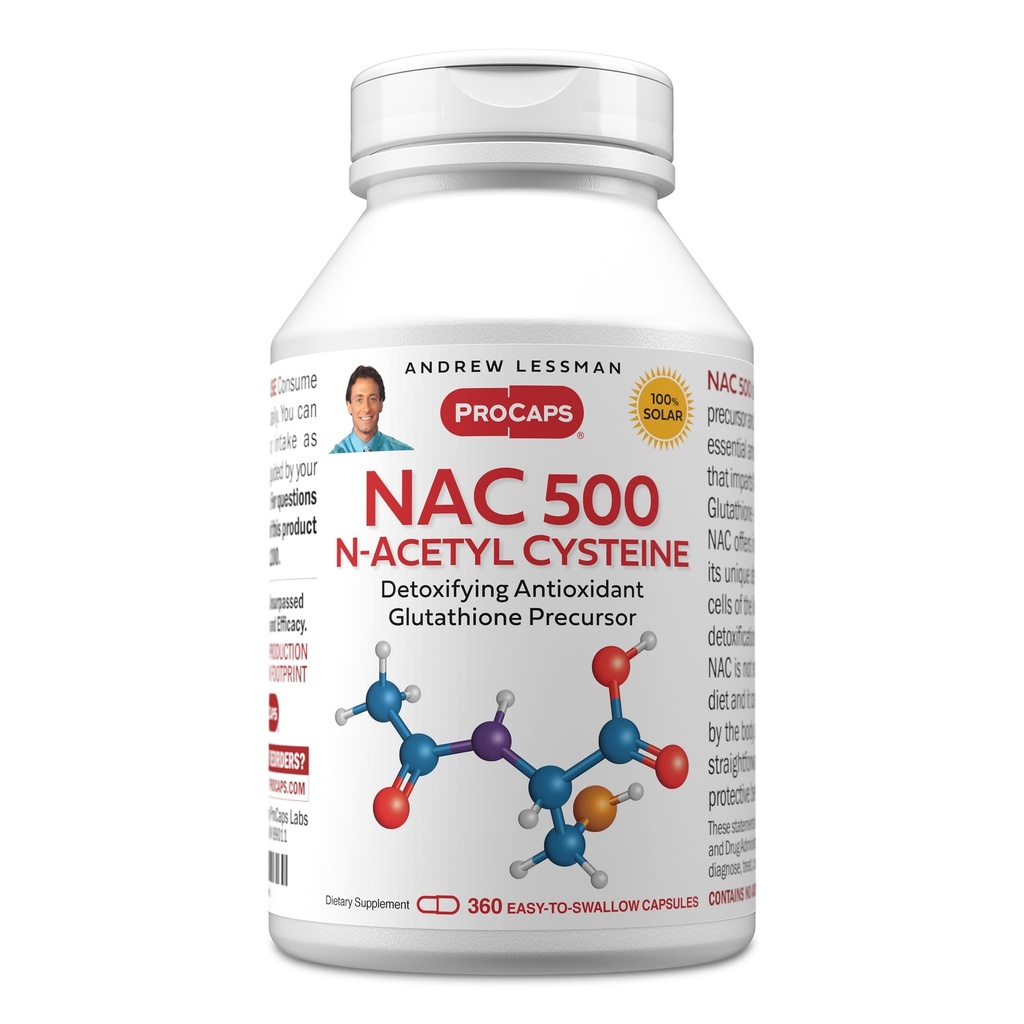ANDREW LESSMAN NAC-500 N-Acetyl Cysteine 360 Capsules - Helps Combat Daily Onslaught of Damaging Free Radicals, Protects Brain, Heart, Lungs, Liver, Kidneys. Antioxidante desintoxicante. No hay aditivos