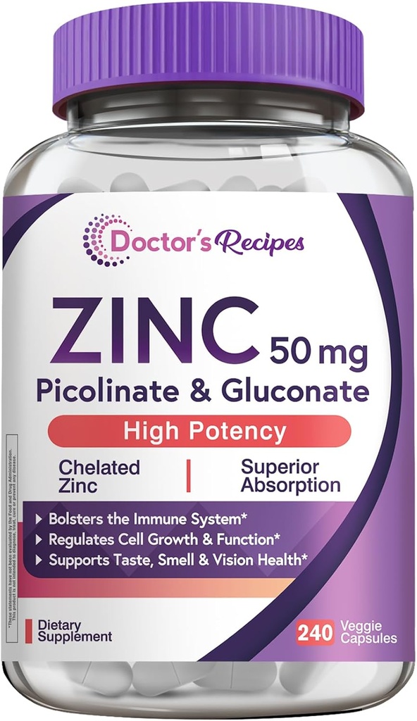 Recetas del médico Zinc 50mg, Picolinato Zinc altamente absorbible " Gluconate, apoya la defensa natural de la inmunodeficiencia, ADN " Formación de proteínas, crecimiento celular, no GMO, 240 cápsulas vegetales