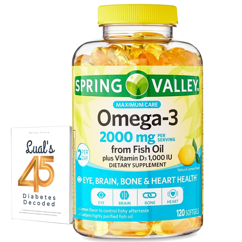 Spring Valley Omega-3 del aceite de pescado 2000 mg para el hueso del cerebro del ojo y la salud del corazón Suplemento dietético Softgels, 120 Conde, Agrupar con la diabetes 45 de Luall Decodificado