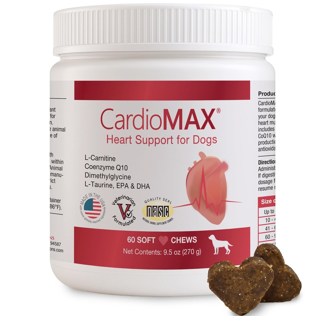 Suplemento de apoyo cardíaco para perros-Vet-Formulado, Antioxidante-Rich-L-Taurina, L-Carnitina,EPA,DHA,CoQ10-Aids Fuerza Circulatoria, Soporte Cardiovascular, Función del músculo cardíaco-USA Hecho-60 Lápices suaves