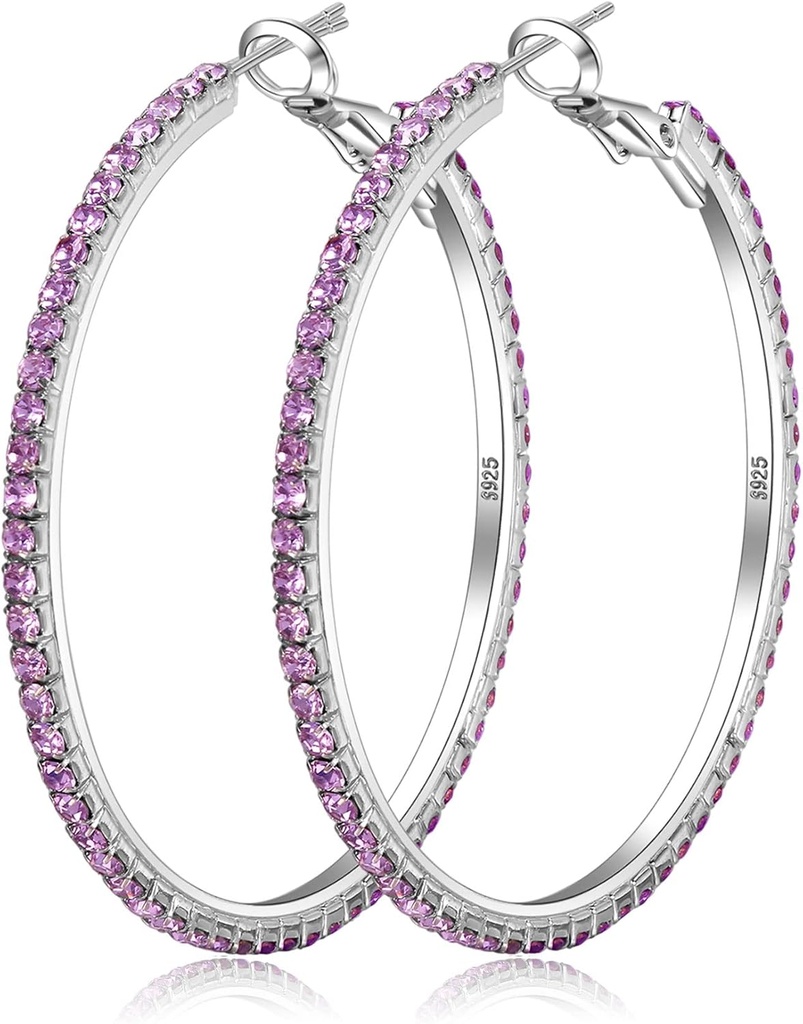 Pendientes de plata 925 Pendientes de gran aro de Rhinestone Pendientes de gran cúbico Zirconia Pendientes de aro Thin Rhinestones Pendientes de aro redondo para mujeres 20/30/40/50/60/70mm Aros chispados con cristales para mujeres