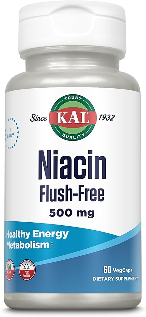 KAL Niacin 500mg Flush Gratis - Vitamina B3 Suplemento - Metabolismo y apoyo energético - Skin, Nerve, Salud Digestiva y Circulación Soporte - Vitamina Vegana, Garantía de 60 días, 60 Servimientos, 60 VegCaps