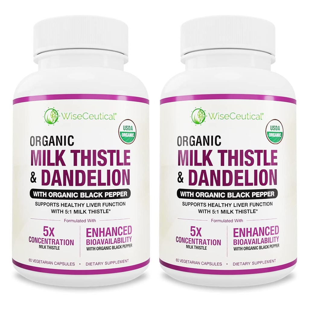 Max Absorption USDA Organic Milk Thistle Potent 5:1 Concentrated Extract (2000mg Strength) & Organic Dandelion Root ← Silymarin Antioxidant Flavonoid ← Liver Support Supplement (60 Count (Pack of 2))