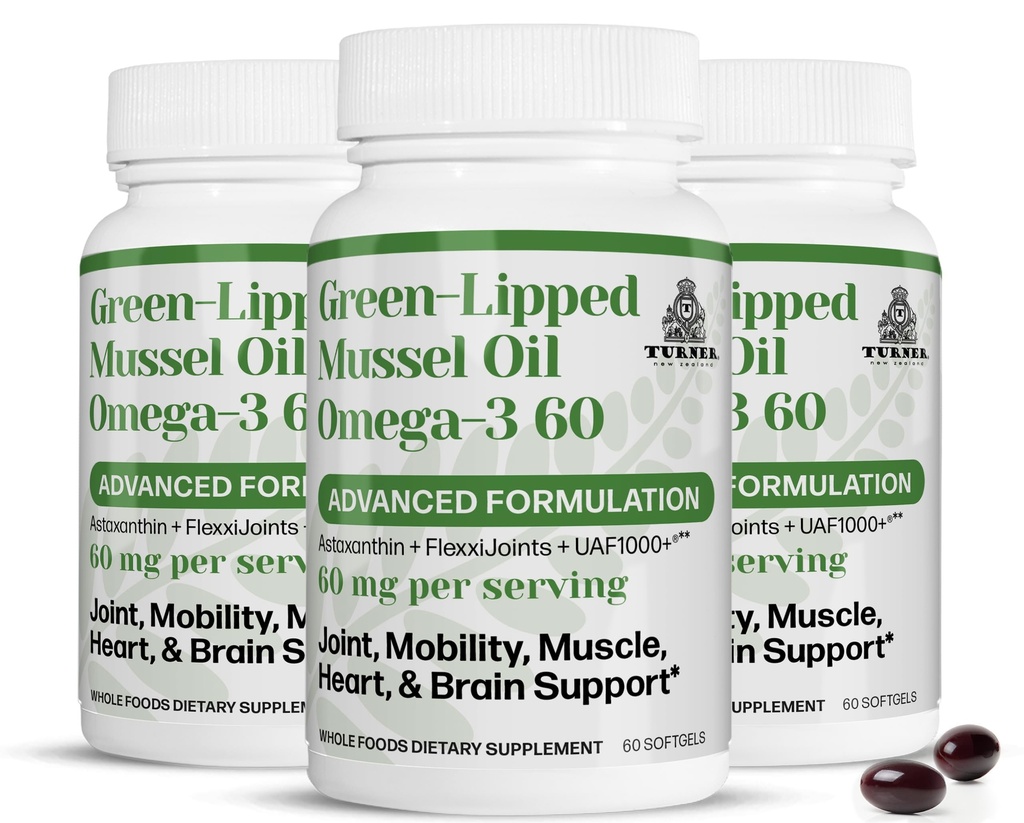 TURNER New Zealand Green Lipped Omega-3 Mussel Oil, 53x Potency Superior con UAF1000+ Super Antioxidante. Sin pastel de pescado, 3 botellas, 180 Softgels