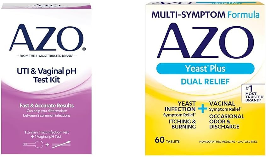 AZO Urinary Tract Infection Test Strip + Vaginal pH Test Kit + Infección de levaduras &amp; Vaginal Symptom Relief Tablets, 60 Cuenta