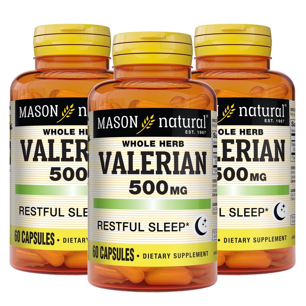 MASON NATURAL Valerian Root 500 mg, 6 Mes de Suministro, Natural Sleep Aid, Promueve el sueño saludable y resentido, Suplemento Herbal, 3 Pack