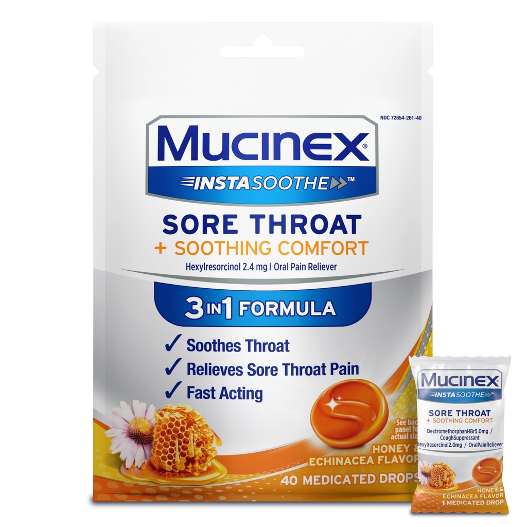 Mucinex Instasoothe Sore Throat Relief Drops, Sore Throat Lozenges, Sore Throat Medicine with Hexylresorcinol, Cough Drops Alternative, Honey &amp; Echinacea Flavor, 40 ct