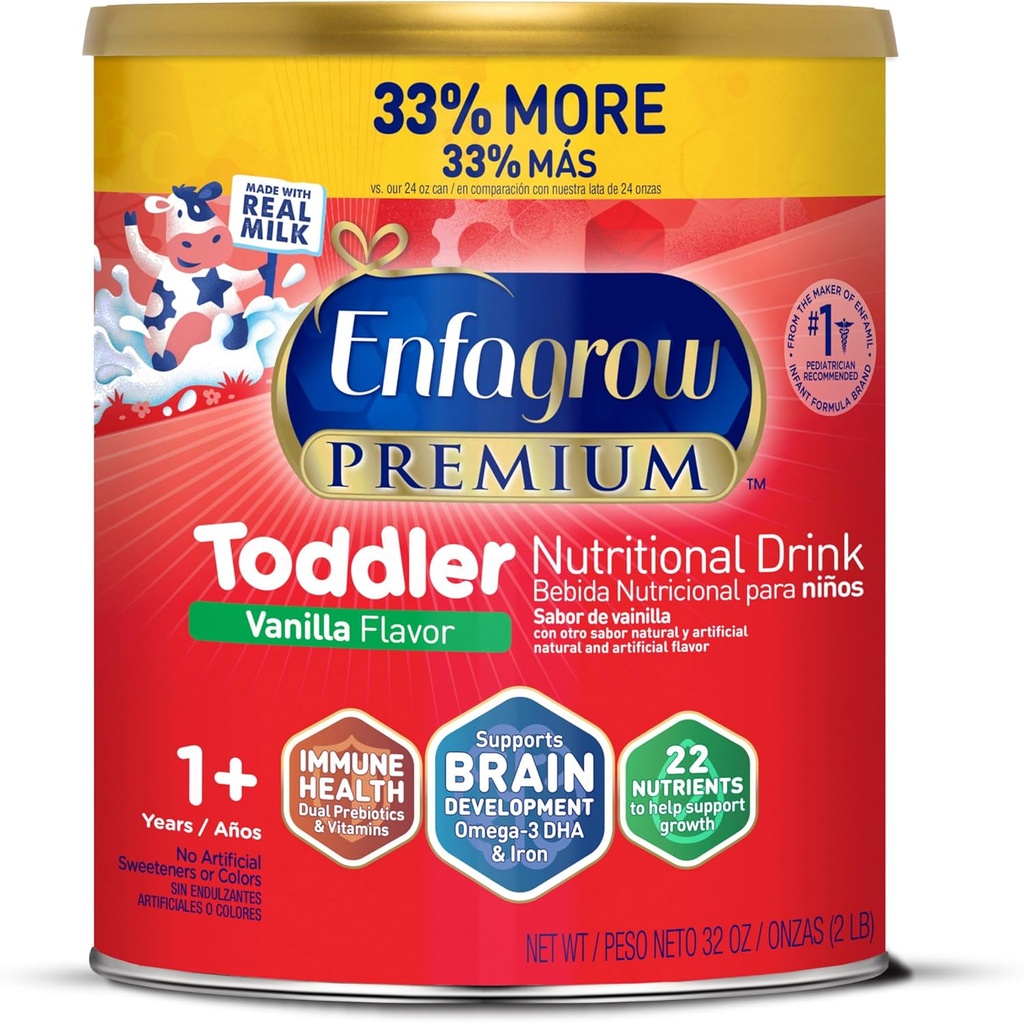 Bebida Nutricional Premium de Enfagrow, Sabor de Vainilla Natural, Omega-3 DHA para el apoyo cerebral, Prebióticos & vitaminas para la salud inmune, no GMO, Powder Can, 32 Oz (Pack of 1