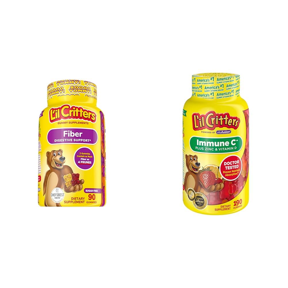 L’il Critters Fiber Daily Gummy Supplement for Kids, for Digestive Support, Berry and Lemon Flavors &amp; Immune C Daily Gummy Supplement Vitamin for Kids, for Vitamin C, D and Zinc for Immune Support