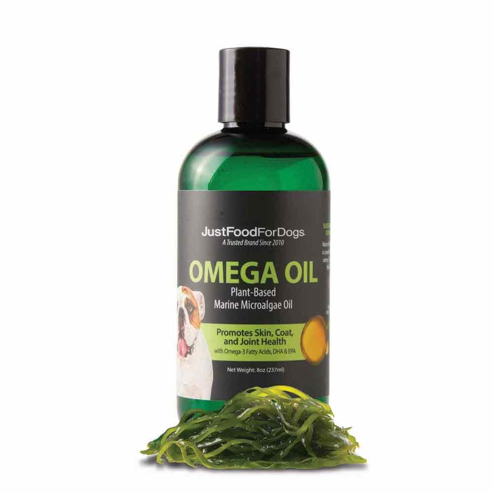 JustFoodForDogs Omega Plus Oil Omega-3 Suplemento para perros, Skin &amp; Coat Support, Joint Health, EPA & DHA de Algae Oil, Sustainable &amp; Eco-Friendly - 8 oz