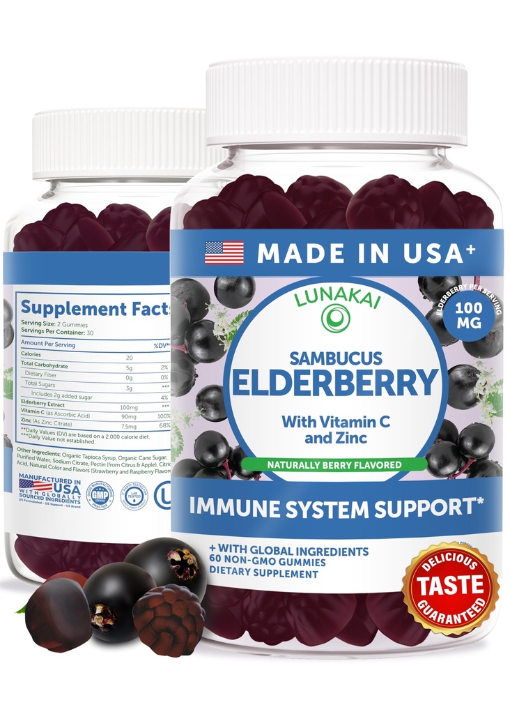 Lunakai EE.UU. Fabricó Mangas de Sambucus Negro para Adultos &amp; Niños con Vitamina C & Zinc - Soporte Inmunitario, Antioxidantes, No GMO, 60 Gummies