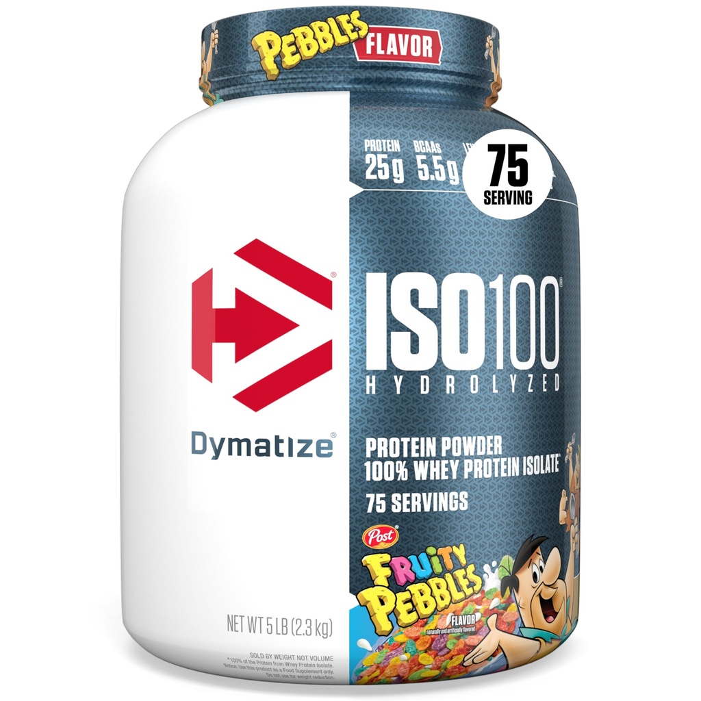 Dymatize x Fruity Pebbles ISO100 Whey Protein Powder Isolate, 25g de Protein, 5.5g BCAAs, 120 Cal., Gluten Free, 1g Fat, 1g Sugar, 2g Carb (75 Servings)