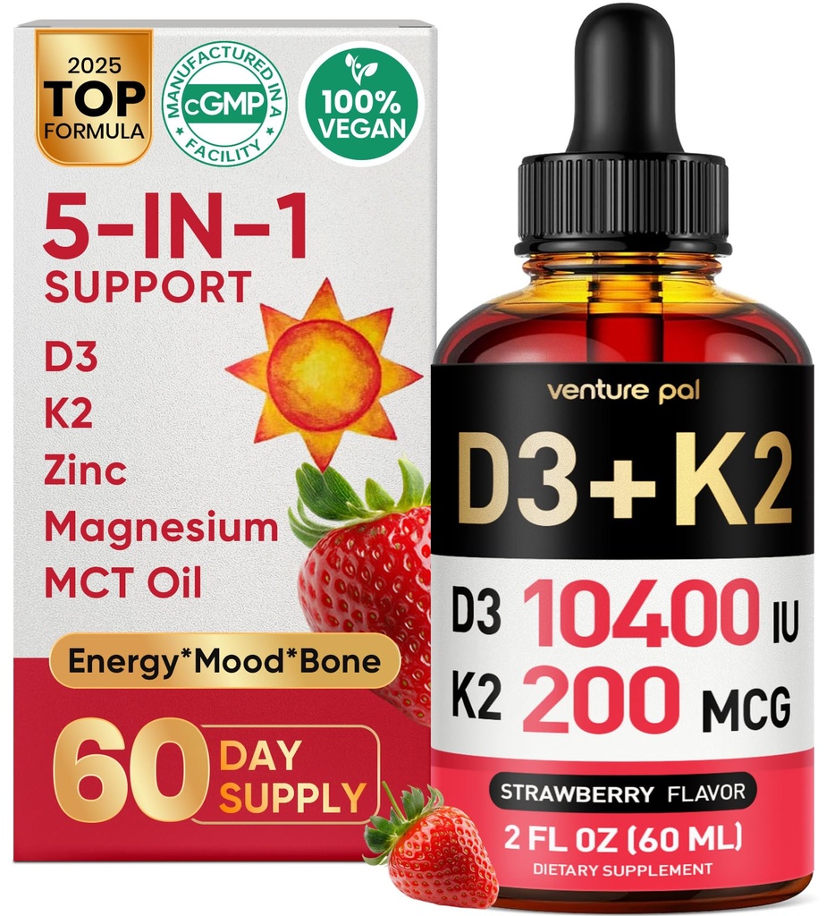 Venture Pal 5-in-1 Vitamina D3 10000 UI &amp; K2 como MK-7 200mcg con Magnesio, MCT Oil, Zinc, Vitamina D Líquida Libre de Azúcar SilencioMaximum Absorption for Bone, Mood & Immune Health - 2 FL OZ, 67 Días