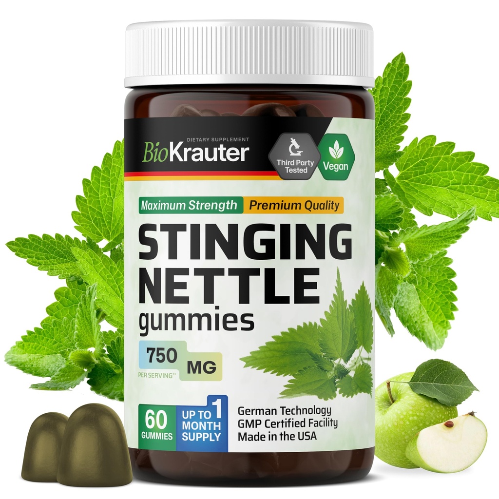 BIO KRAUTER Stinginging Nettle Gummies - 7500 mg Strength - 60 Chews - Nettle Root 10:1 Extract - Urinary Support Supplement - Vegan Gummies Gelatin-Free Formula