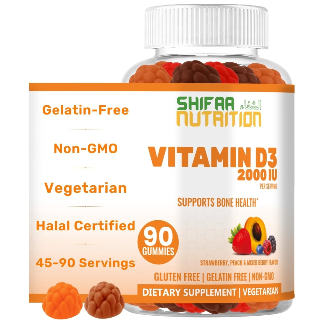 SHIFAA NUTRITION Vegetarian Vitamina D3 Gummies for Adults &amp; Kids TEN 45-90 Servings, 2,000IU / 1,000IU ← Non-GMO, Gluten-Free, Gelatin-Free TEN Supports Bones, Muscles & Immune System Halal Vitamins