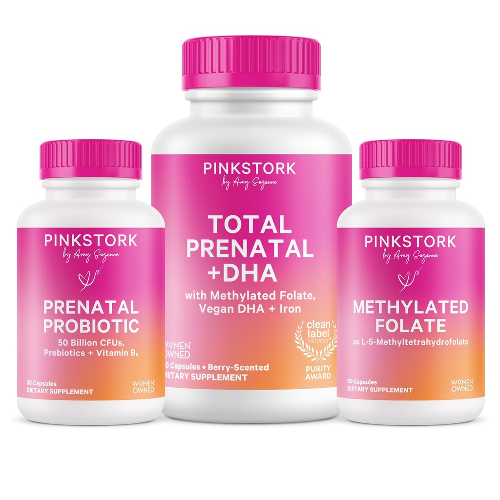 Pink Stork Total Prenatal, Probiotic &amp; Methyl Folate – Pregnancy Wellness Bundle