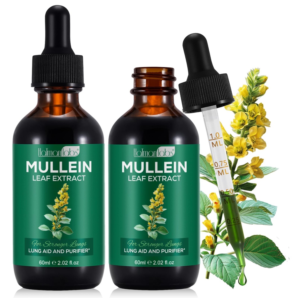 Extracto de hoja de Mullein para los pulmones, gotas de Mullein para los pulmones, soporte pulmonar, función respiratoria para el respiración saludable, mejora de la función pulmonar, suplemento natural y seguro (2 PC)