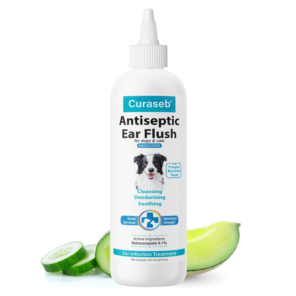 Curaseb Dog Ear Infección Tratamiento Solución – Soothes Itchy &amp; Inflamed Ears – Limpia los desechos y la acumulación - 8oz
