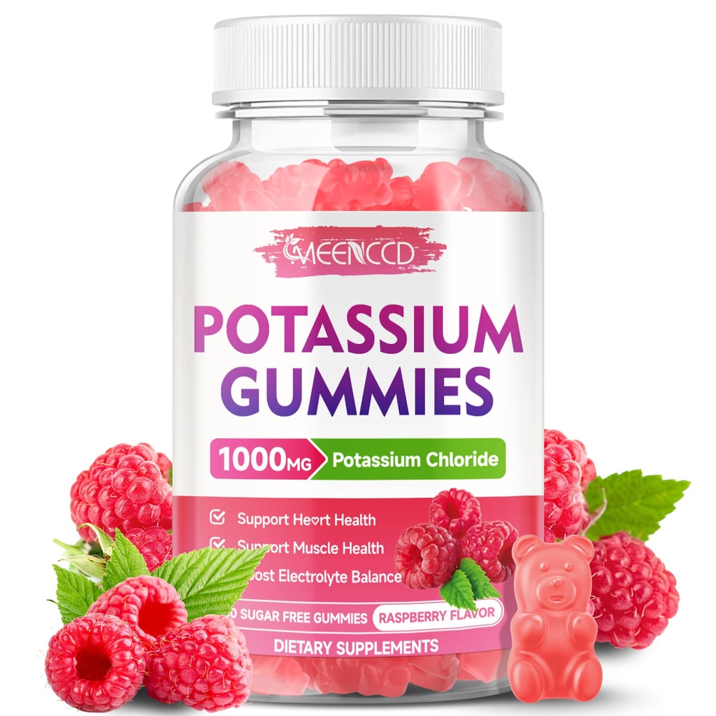 Potasio Gummies, Potasio Chloride 1000mg para Adultos, Suplemento de Potasio Libre de Azúcar Gummies Apoyo Electrolyte Balance &amp; Leg Cramps for Women &amp; Men, Raspberry Flavor, 60 Condes