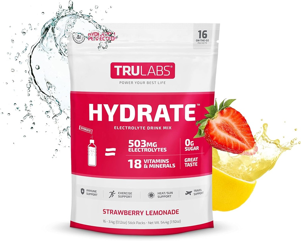 TRULABS Hydrate Strawberry Lemonade, Hydration Electrolyte Powdered Drink Mix,16 Sticks. Cero Azúcar, sólo 5 Calories, 503 mg Electrolitos.