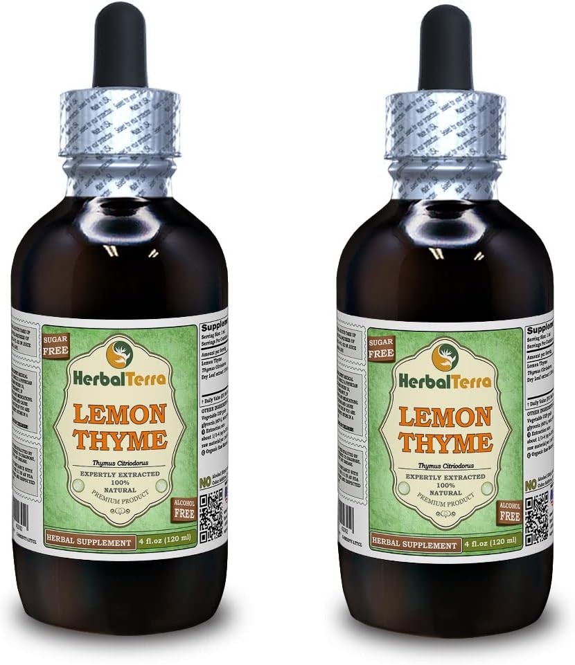 Tomo de limón (Thymus x Citriodorus) Glicérito, Hierba orgánica sin alcohol Extracto líquido libre de alcohol (Marca: HerbalTerra, Proudly Made in USA) 2x4 fl.oz (2x120 ml)