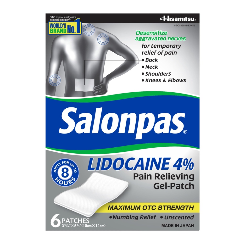 Salonpas Lidocaine 4% Dolor Aliviando Gel-Patch, 6 Cuenta, para atrás, cuello, hombro, rodillas